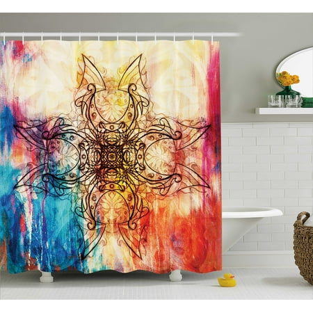 Mandala Shower Curtain, Ornate Original Mandala Sketch over Colorful Dirty Digital Collage Mystic Pattern, Fabric Bathroom Set with Hooks, Multicolor, by