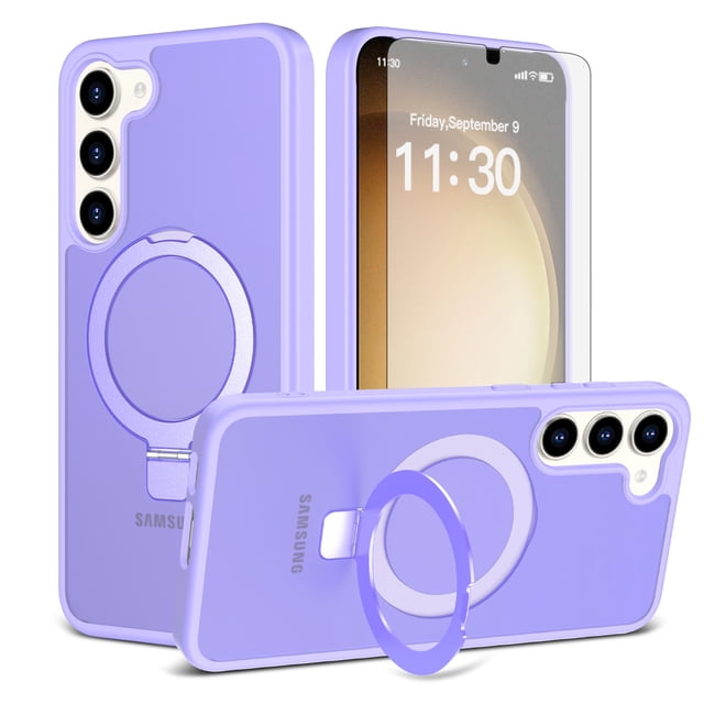 Asuwish Phone Case for Samsung Galaxy S23 Plus S23+ 5G Tempered Glass Screen Protector Magnetic Folding Stand Frosted Translucent Rugged Shockproof Protective Cell Cover SM-S916U 6.6 Women Men Purple