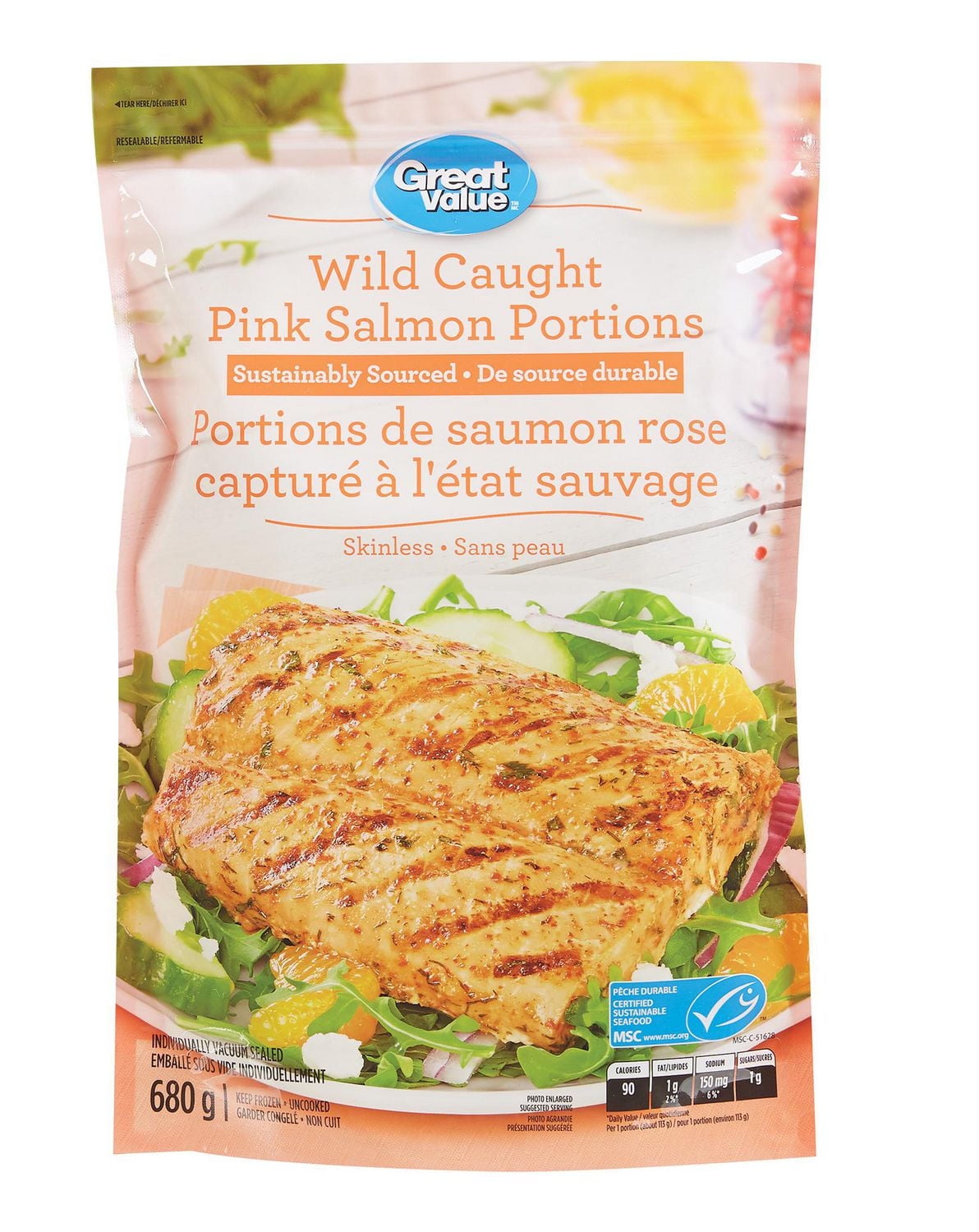 Great Value Wild Caught Pink Salmon Portions, 680 g