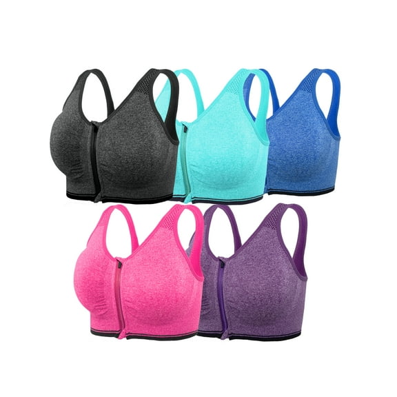5 pcs Women's Sport Bra Racerback Padded Stretch Fitness Tops Front Zipper Sports Bra Zipfront Sports Bra for Yoga Gym Workout Fitness