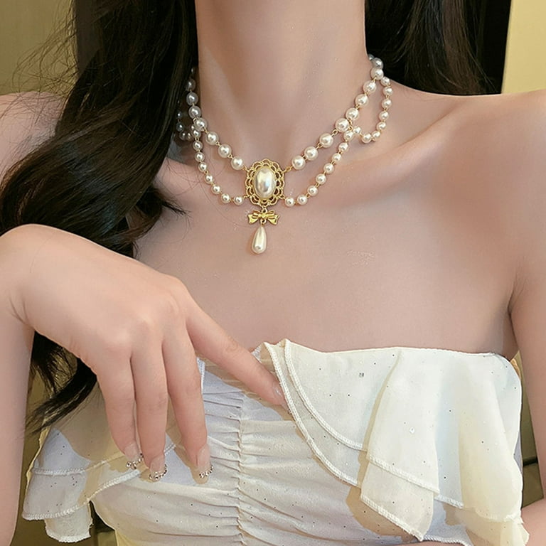 Tnobhg Women Faux Pearl Necklace Hollow Out Bow Decor Collar
