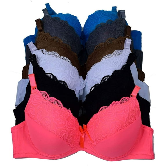 Iheyi 6 Pieces Plus Size Wired Full Cup/Demi Lace Plain Light Padded D/DD/DDD Bra (36DD)
