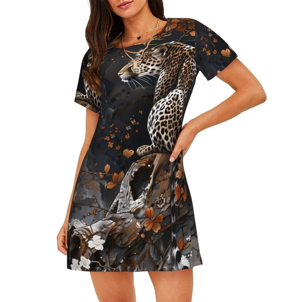 Disketp Leopard On Tree Branch para Camisón Corto de Manga Corta para Mujeres, Camisón Cómodo con Escote Redondo, Bonito y Confortable