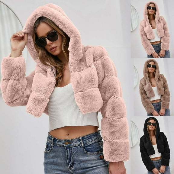 Winter Warm Coats for Women, Ladies Solid Color Coats Faux Coat Furry Faux Jacket Long Sleeve Outerwear Pink L