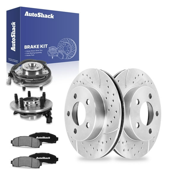 AutoShack Front Drilled & Slotted Brake Rotors Ceramic Brake Pads Wheel Bearing Hub Assembly | Replacement for 2003-2009 Ford Ranger | Silver Zinc Coated | 8-PC Brake Kit | SilverShield Pro