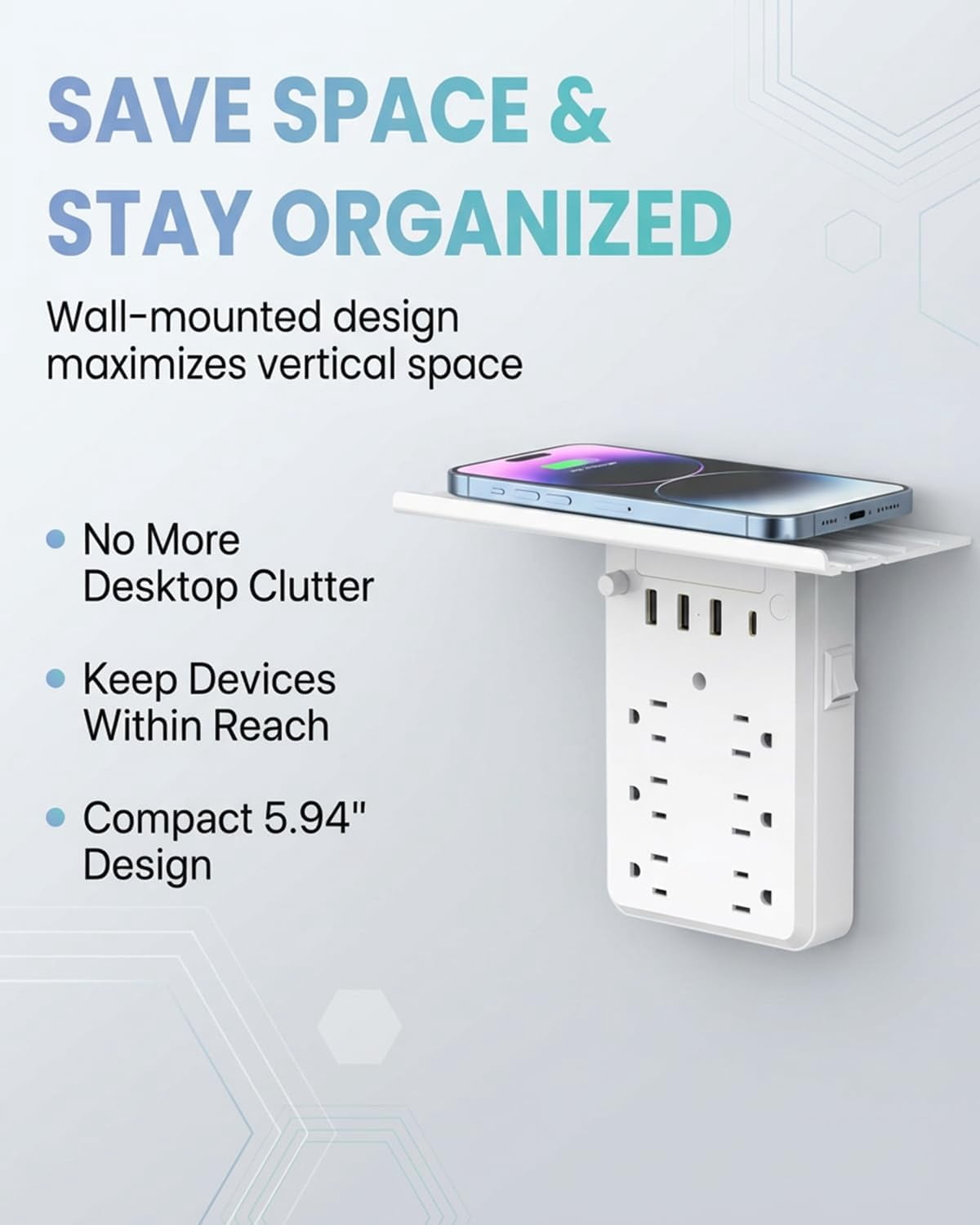 Multi-Functional Power Strip with Panel,Wall Outlet Extender with Shelf,6-Outlet Surge Protector with USB-A & USB-C,for Home Office, Bedroom, Kitchen, Travel