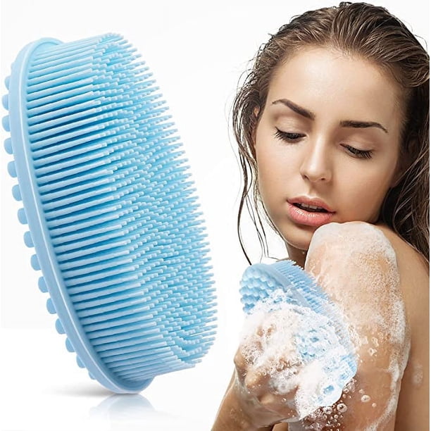 Cepillo de ducha de silicona de cabeza plana (azul), cepillo de ducha corporal exfoliante suave, cepillo de calabaza, cepillo para exfoliar el cuerpo, cepillo para masaje de cabeza, cepillo de champú