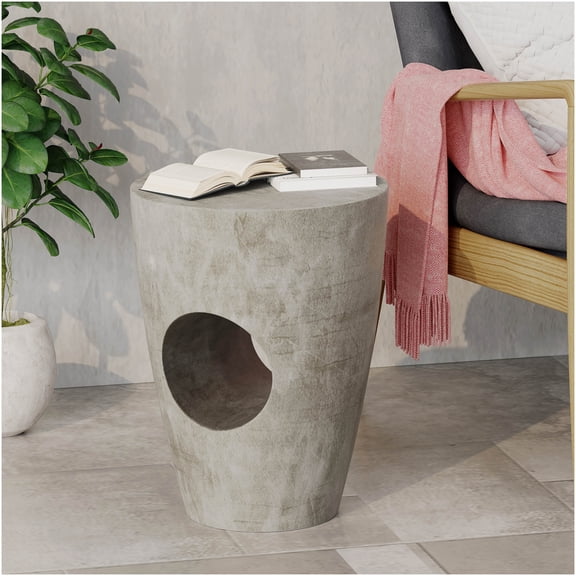 COSMOS Grey Magnesium Oxide Outdoor Side Table with Round Top for Patio Garden