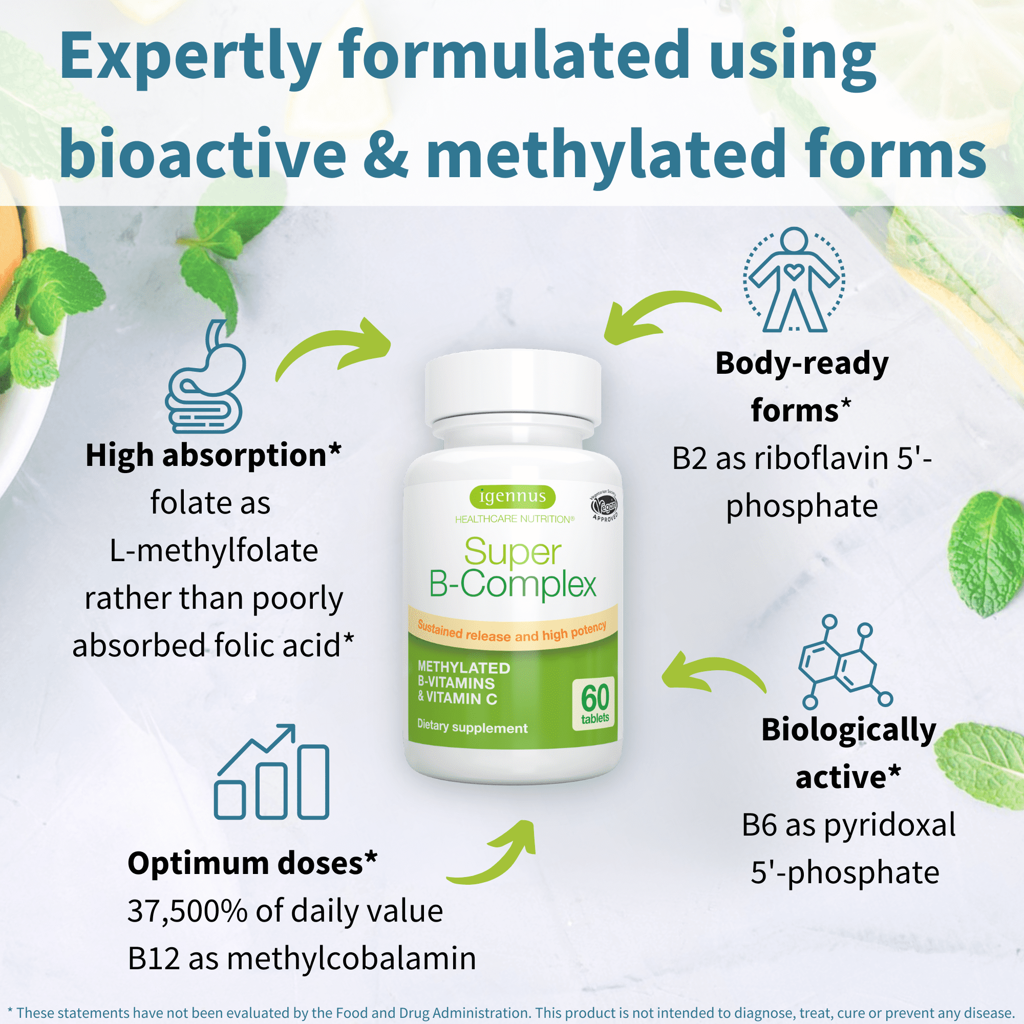 Igennus Super B-Complex Methylated B Vitamins, Sustained Release, Clean Label, MTHFR Supplement with Methylfolate & B12 Methylcobalamin, Vegan, Lab Verified, 60 Small Tablets