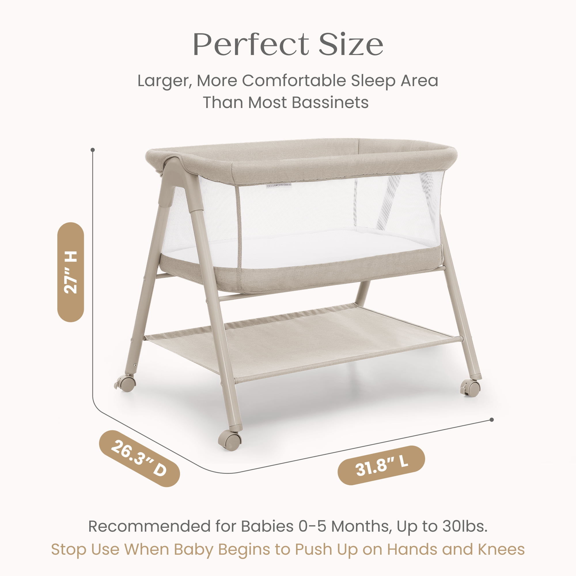 Delta Children Haven AirFlow Bassinet with Breathable Mesh and Wheels, Tan