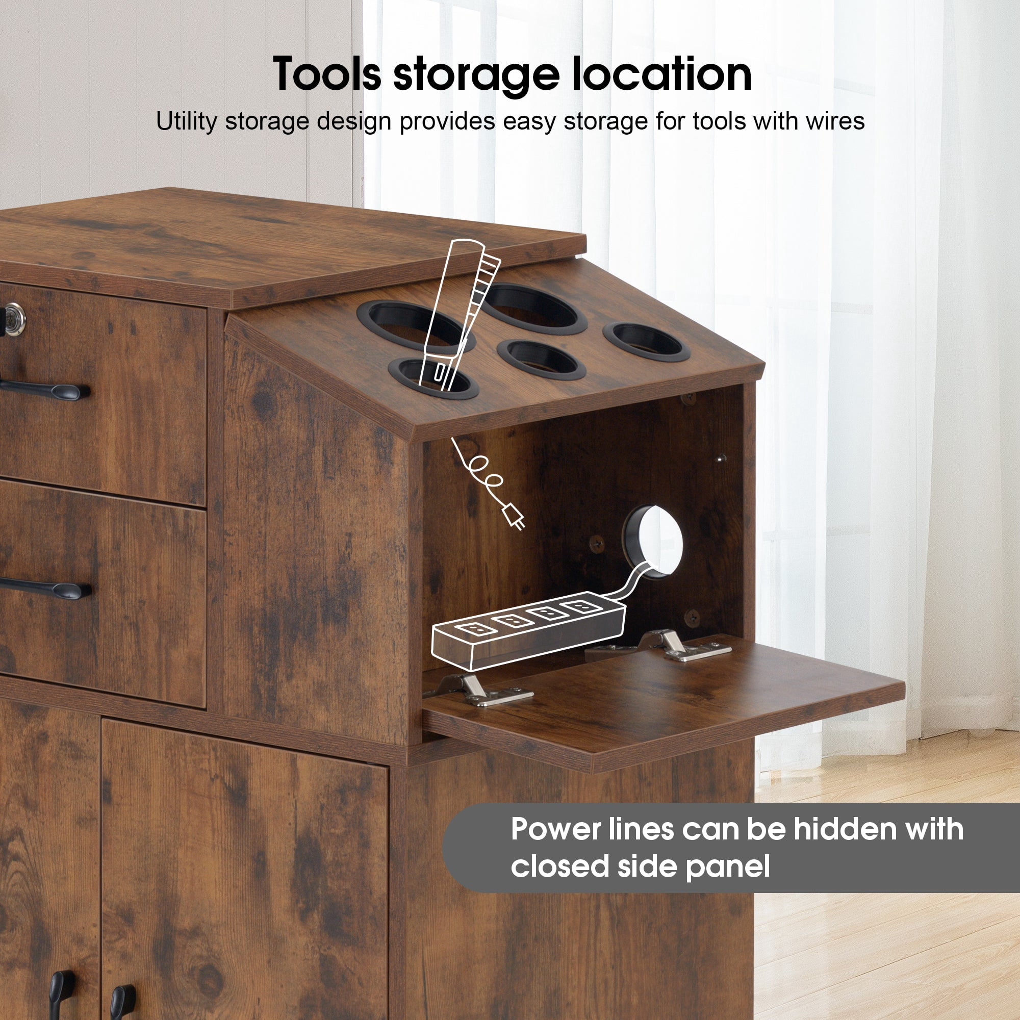 Beauty Spa Locking Storage Cabinets with Drawers, Hair Stylist Holders, Salon Styling Station for Hair Stylist, Brown