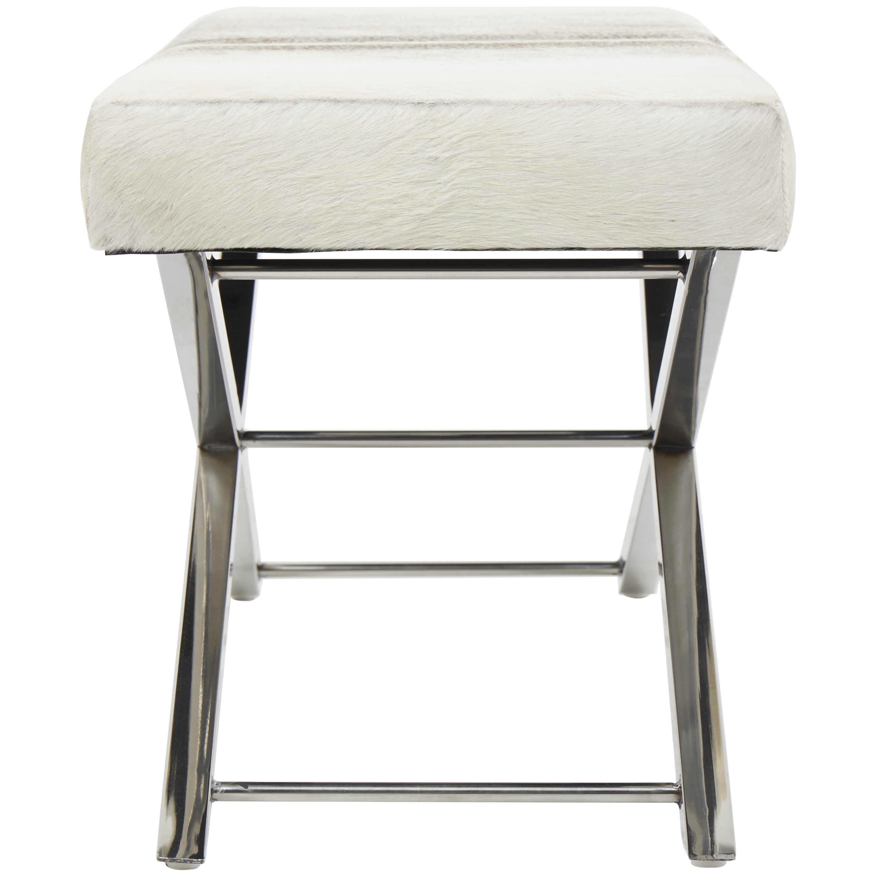 DecMode Stainless Steel Bench with Hair on Hide Seat, Beige
