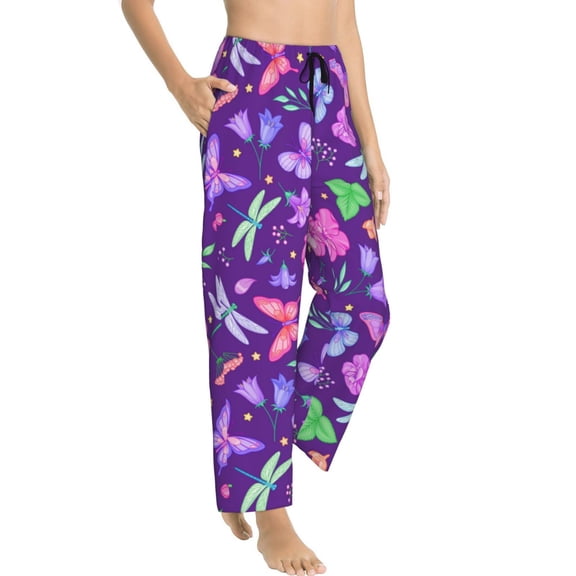 Pajama Pants Women - Pink Purple Butterfly Flower Soft Breathable Sleep & Lounge Pants for Women, Comfy Casual Pj Pants Bottoms with Pockets