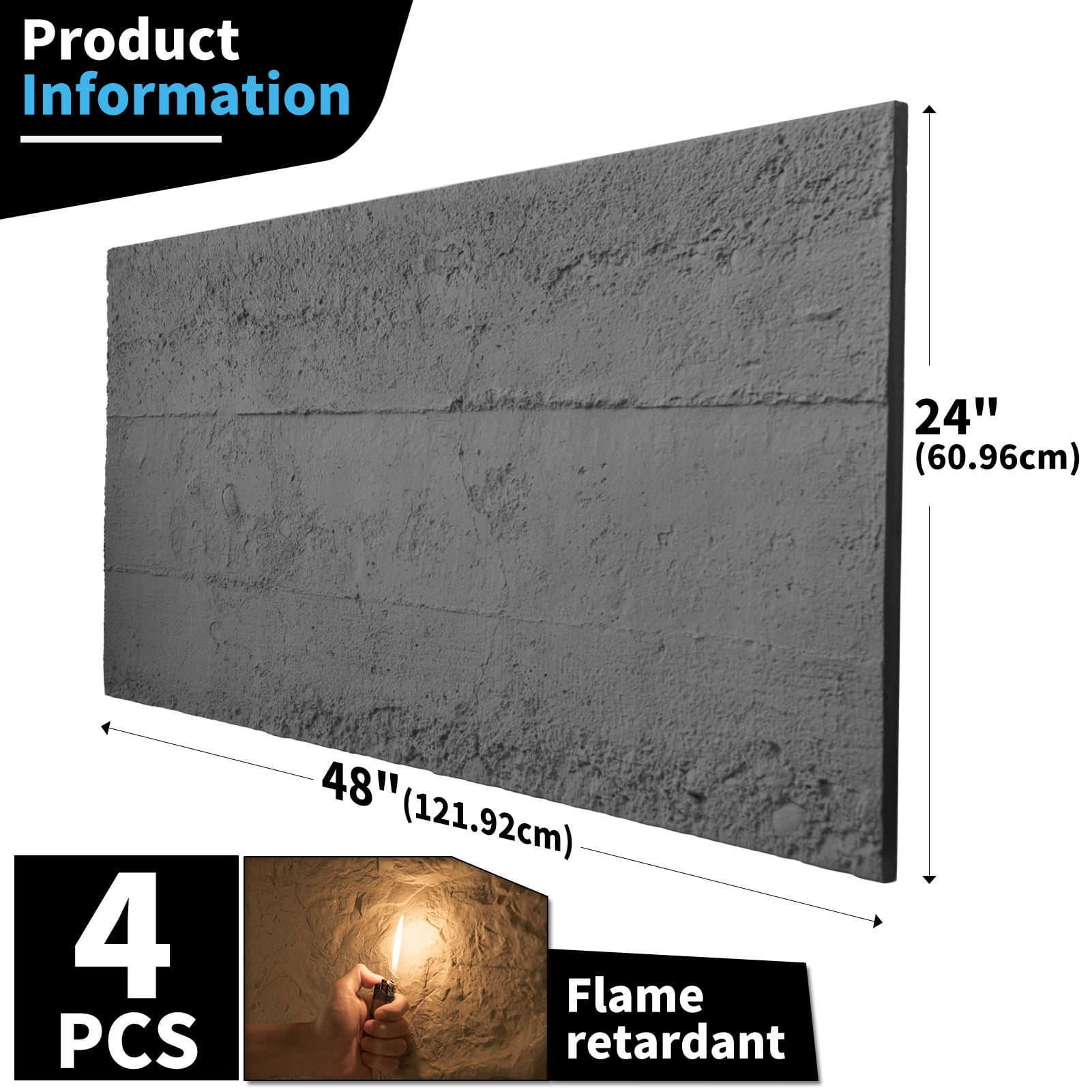 Art3d Cement Texture 3D Wall Panels, 4-Pack PU Wall Panels for Interior Wall Decor, 24" x 48", Cement Grey