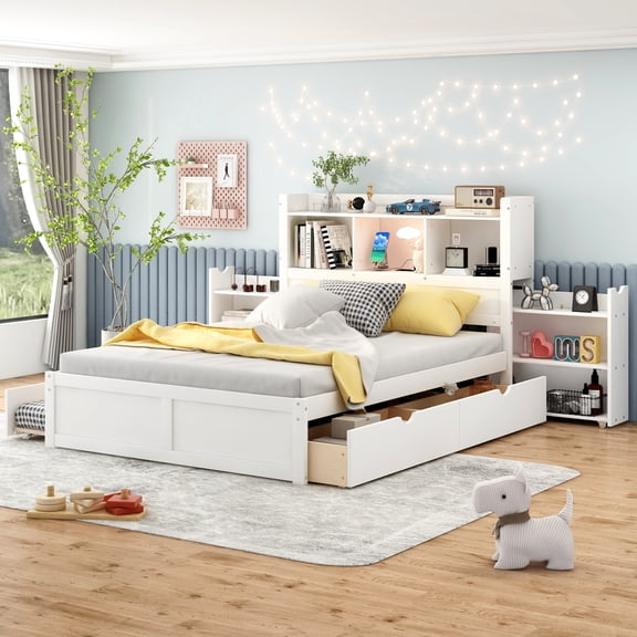 Miekor Furniture Full Size Storage Platform Bed with Pull Out Shelves, Twin Size Trundle and 2 Drawers, White BS7958