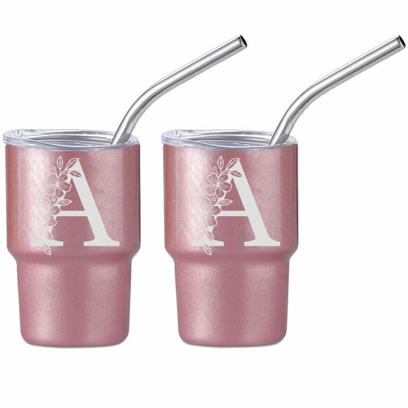Set of 2 Mini Tumbler Shot Glasses 3oz Shot Glass With Straw and Lid Stainless Steel Gift Floral Monogram Letter A (Rose Gold)
