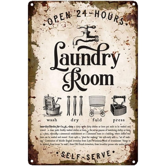 Retro Laundry Room 24-Hours Self-Serve Metal Thick Tin Sign Wall Decor 12" x 8"
