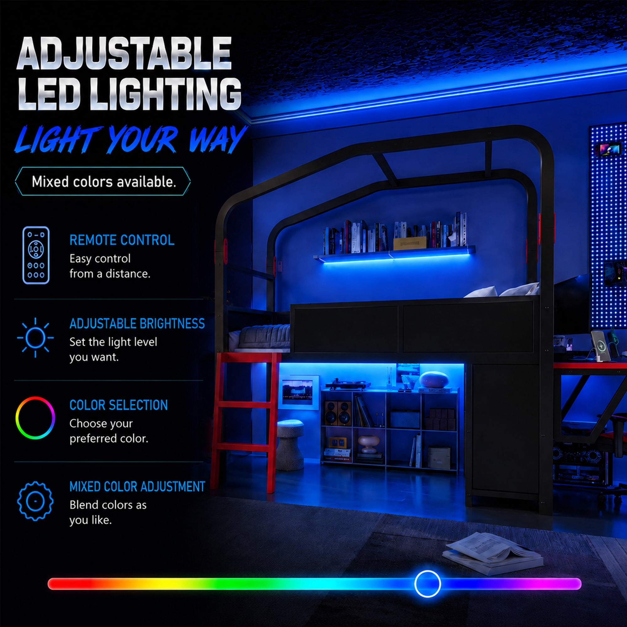 Leumius Twin Size Low Loft Bed with Side Desk and Usb Ports, Gaming Style Metal Loft Bed with Led Lights, Storage Cabinets and Chic Canopy Design for Bedroom Guests Black