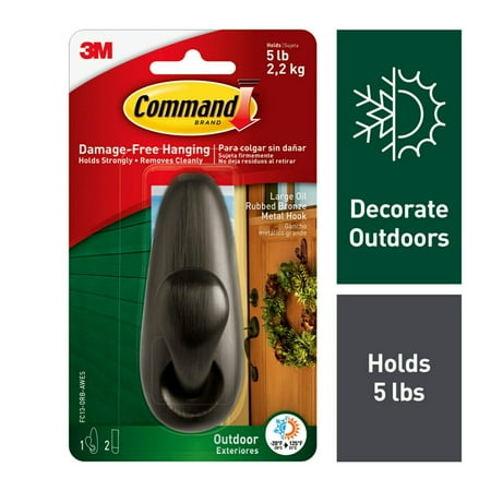 Command Outdoor Hook, Large, Oil Rubbed Bronze, 1 Wall Hook, 2 Strips/Pack