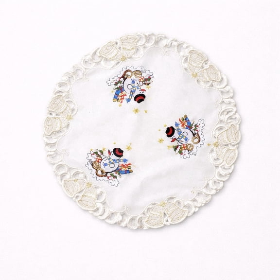 Doily Boutique Christmas Placemat or Doily with a Snowman on Ivory Fabric Size 15 inches