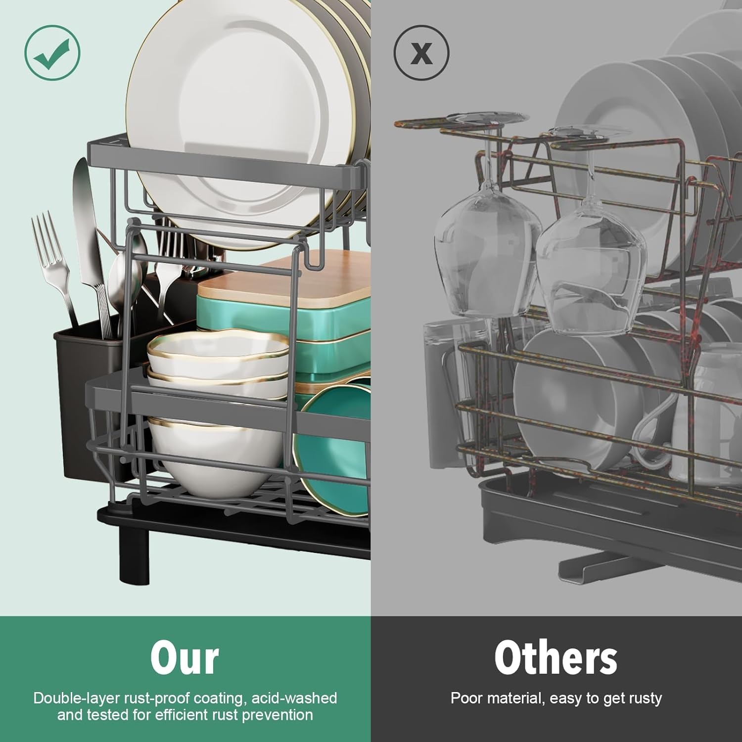 Asunby Dish Drying Rack, 2 Tier Dish Rack, Large Dish Racks for Kitchen Counter, Dish Drainer with Removable Utensil Holder, Drainboard,Grey