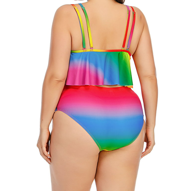 Plus Size Swimsuits for Women Tummy Control Beachwear Ruffle Patchwork Boat  Neck Tankini Neon Print Swimwear Two Piece Bathing Suit 