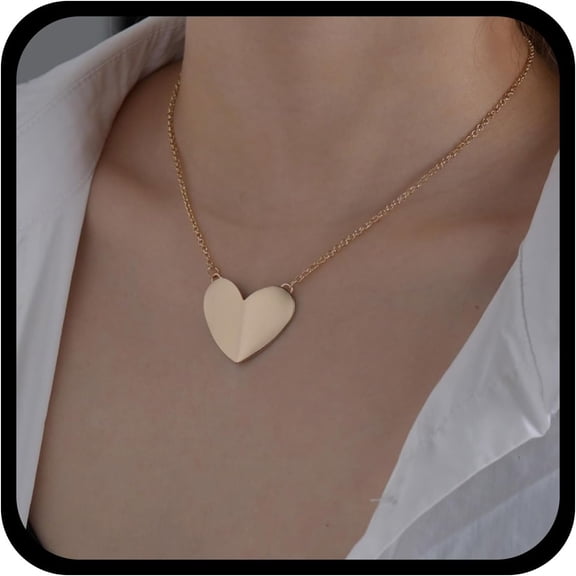 Boho Gold Heart Pendant Necklace Flat Heart Choker Necklace Large Heart Shape Necklace Minimalist Metal Matte Brushed Heart Necklace Jewelry for Women