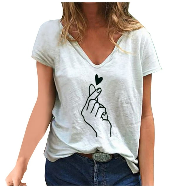 TSADFHJI Hauts de Vacances pour Femmes T-Shirt d'Été Décontracté et Tendance à Col en V Imprimé à Manches Courtes pour Femmes