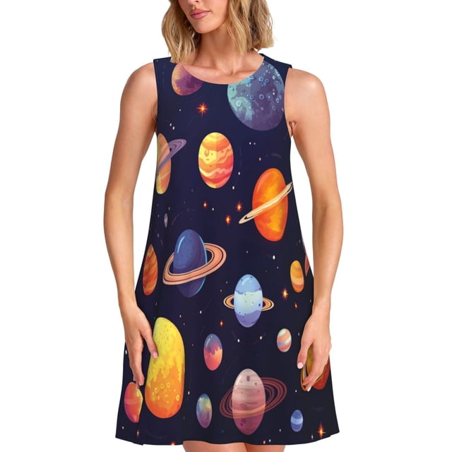Fotbe Space Planet Vestido de Verano sin Mangas para Mujer – Vestido Midi Línea A, Estilo Camiseta Floral, Vestido Playero Casual y Fluido