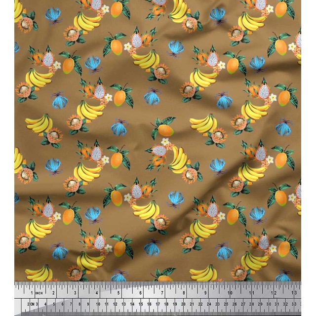 Soimoi Brown Silk Fabric Flowers & Mix Fruits Decor Fabric Printed Yard 42 Inch Wide