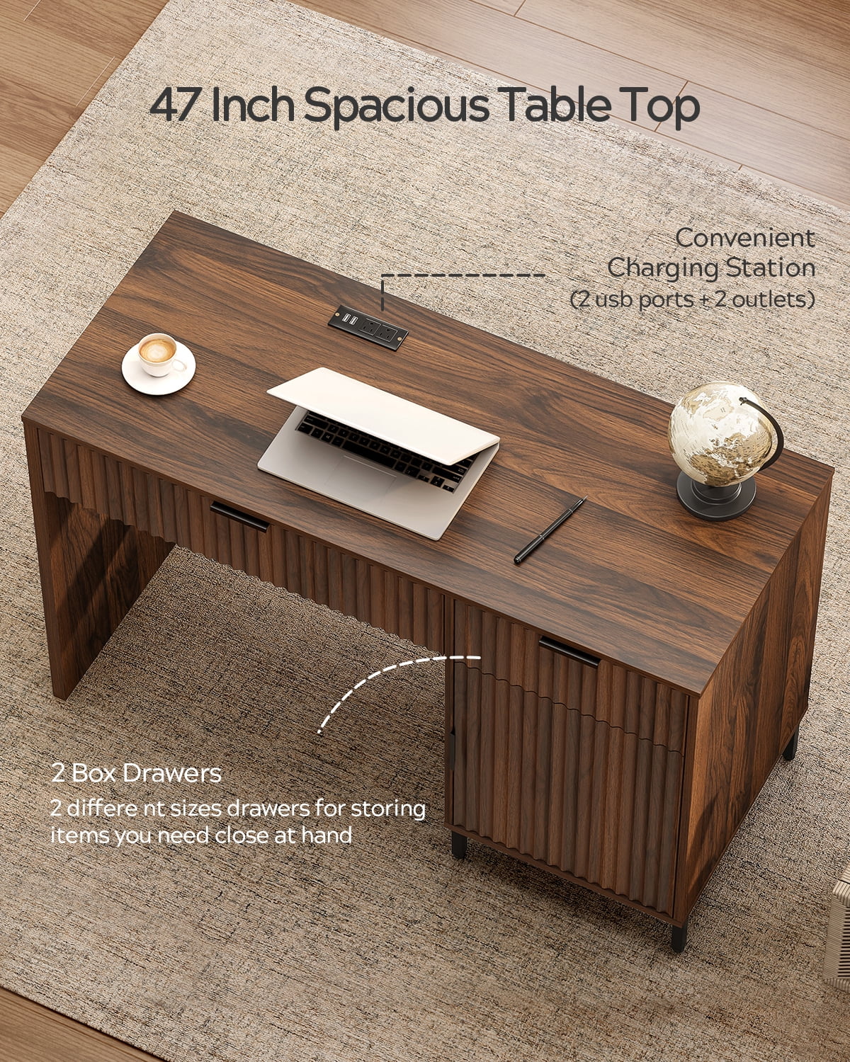 EYYTHUNG 47" Fluted Executive Desk, Modern Wood Home Office Desk with Charging Station, Drawer & Cabinet, Computer Writing Desk