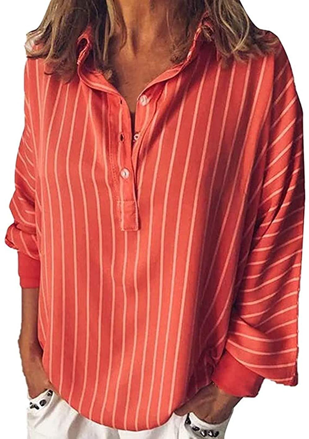 Women T Shirts Stripes,Womens Long Sleeve Button-Up Casual Loose Blouse Tops Office Tunic Shirts for Work
