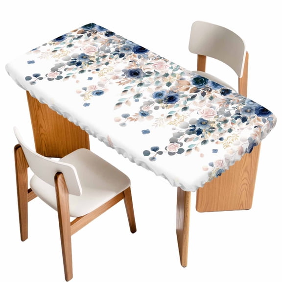 Navy Blue Flowers Table Cloths for 5 Foot Rectangle Tables, Spring Floral Elegant Pastoral Watercolor Patio Waterproof Elastic Fitted Tablecloths, Washable Rectangular Table Cover for Camping