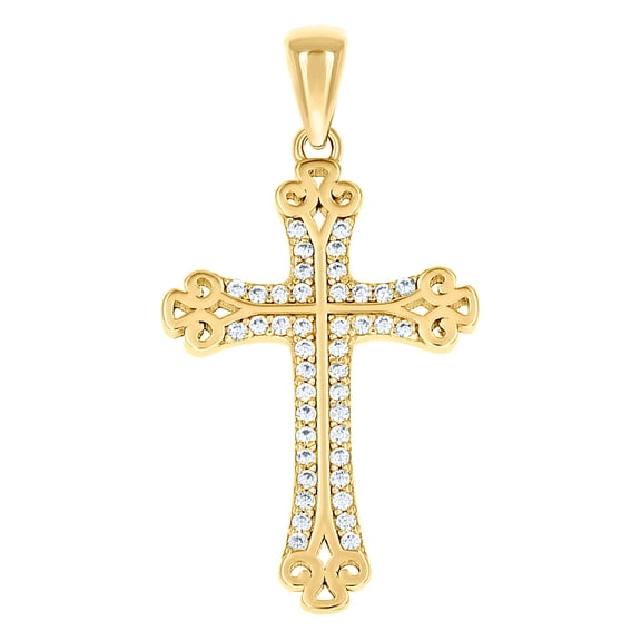 925 Sterling Silver Yellow-tone Unisex Cubic Zirconia Cross Religious Charm Pendant Necklace 34x17.7mm Wide Pendant for