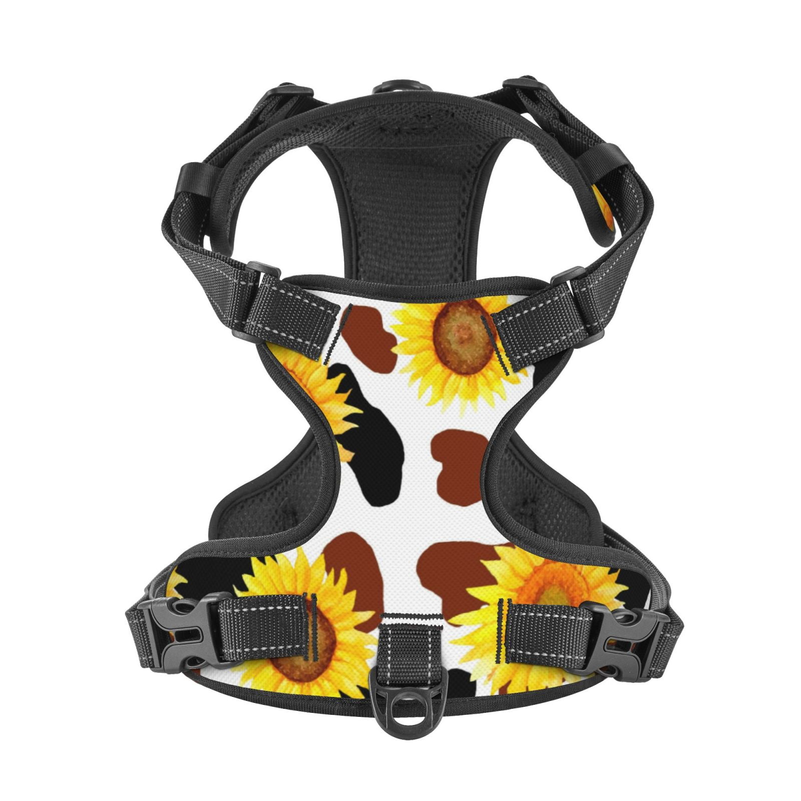Picia Cow Print Sunflower No-Pull Dog Harness Reflective Front Clip Vest with Handle,Step-in Air Dog Harness,Adjustable 2 Metal Rings 4 Buckles,Easy to Put on & Take Off Medium
