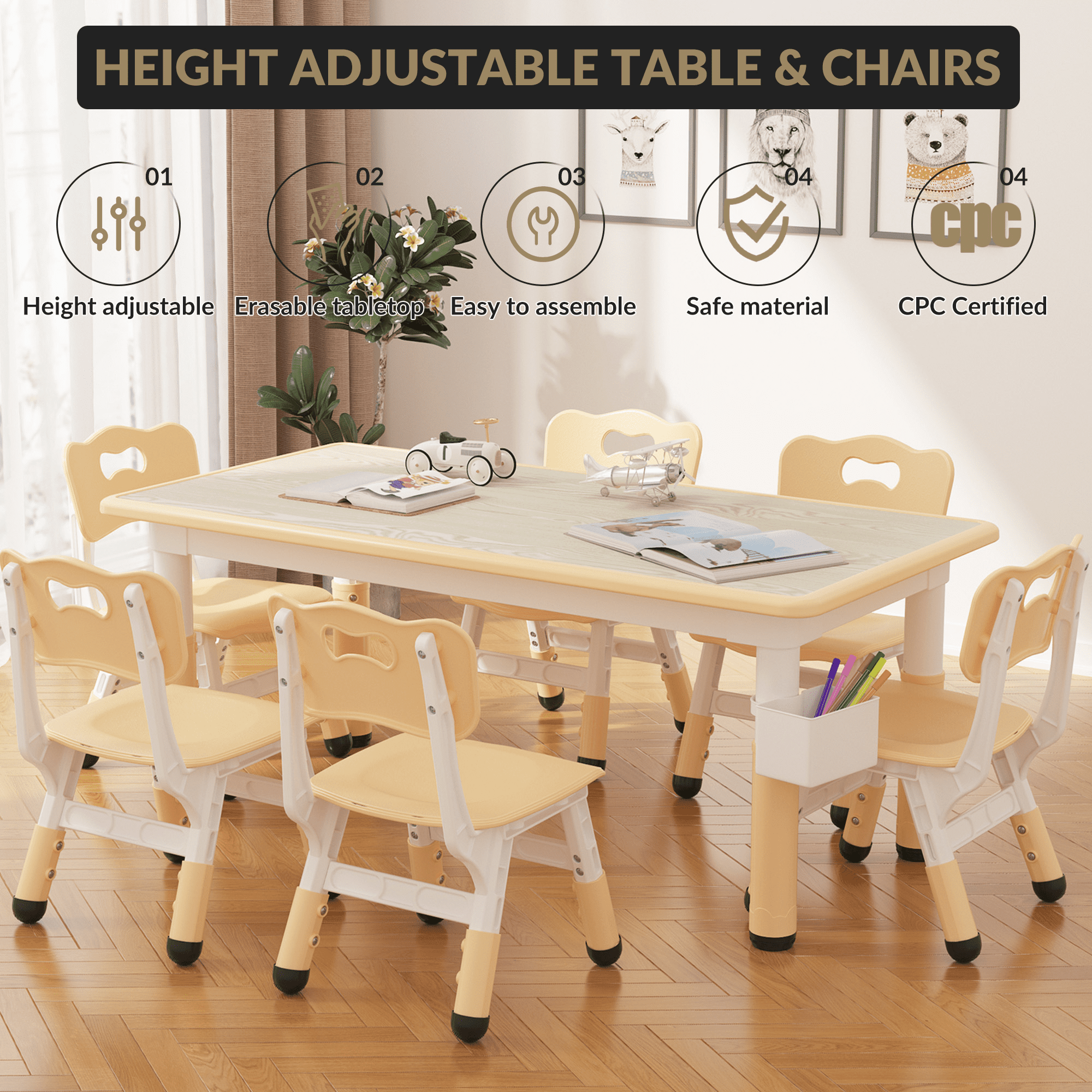 Kids Table and 6 Chair Set with Storage Box, Height Adjustable Toddler Table and Chairs Set for Ages 2-10, Graffiti Desktop, Non-Slip Legs, Children Activity Table for Daycare Classroom Home