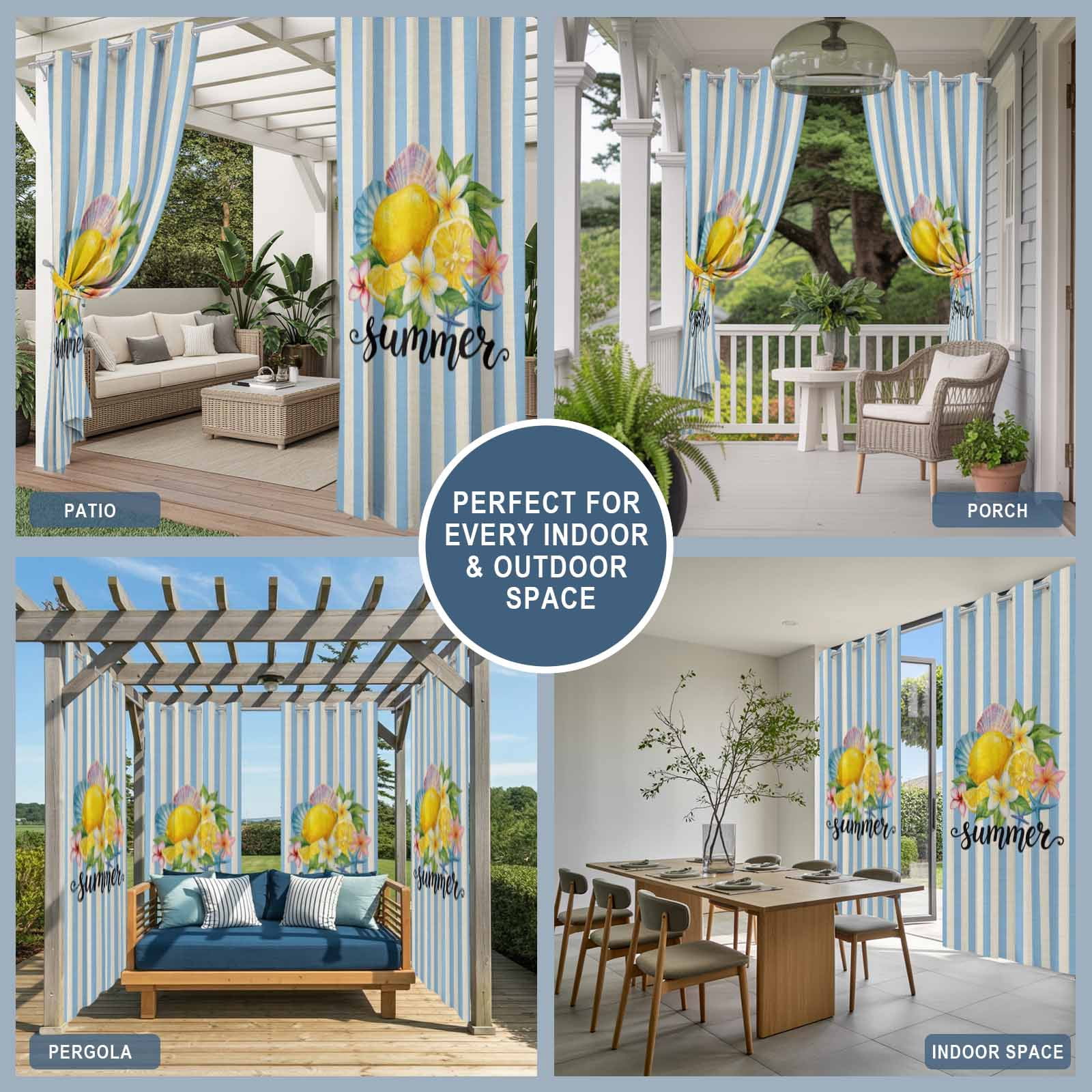 Lemon Summer Outdoor Curtains for Patio, Fruit Starfish Shell Blue Stripes Retro Sunshade Privacy Drapes Grommet Waterproof Outside Curtains for Porch/Cabana/Balcony 54"x 108", 1 Panel