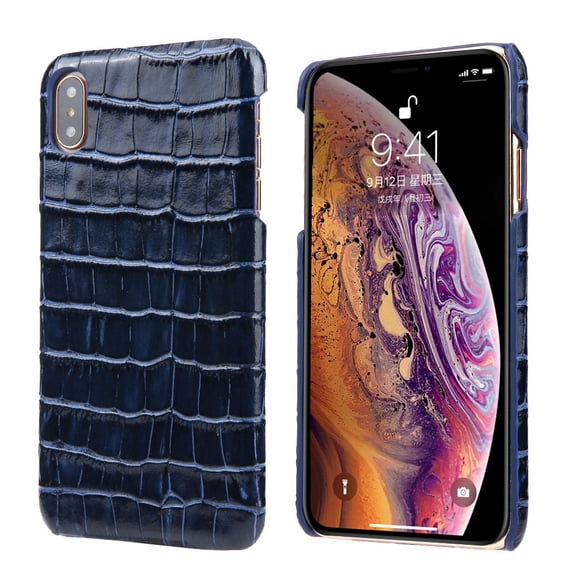 iPhone Xs Max Case, Allytech Genuine Leather Simple Crocodile Grain Design Hard Back Protective Case Lightweight Bumper Case Shock Resistant Cover for 6.5-inch iPhone Xs Max, Blue