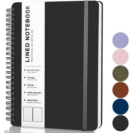 Black Lined Spiral Journal Notebook with 160 Pages 8×5.7in A5 Spiral Notebooks Journaling Notebooks for Work School Women Men College Ruled Notebook Hardcover Leather Journals