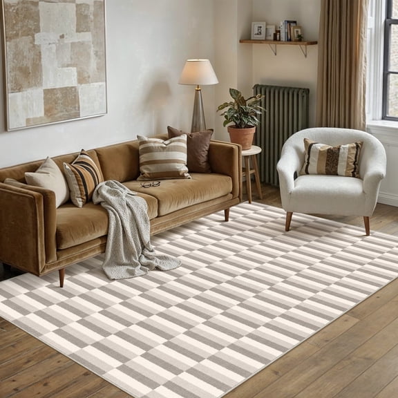 BERTHMEER 5'x7' Area Rugs for Living Room Gray and Beige Rugs for Bedroom Kitchen Non Slip Washable Modern Contemporary Geometric Carpets Home Office Dorm Dining Room Striped Pattern Throw Rugs