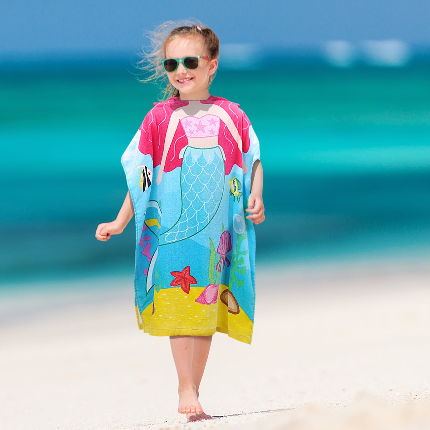Suluia Mermaid Ocean Kids Beach Towel Hooded Poncho Cape Swim Wrap for Girls Cartoon Cute Soft Microfiber Pool Bath Travel
