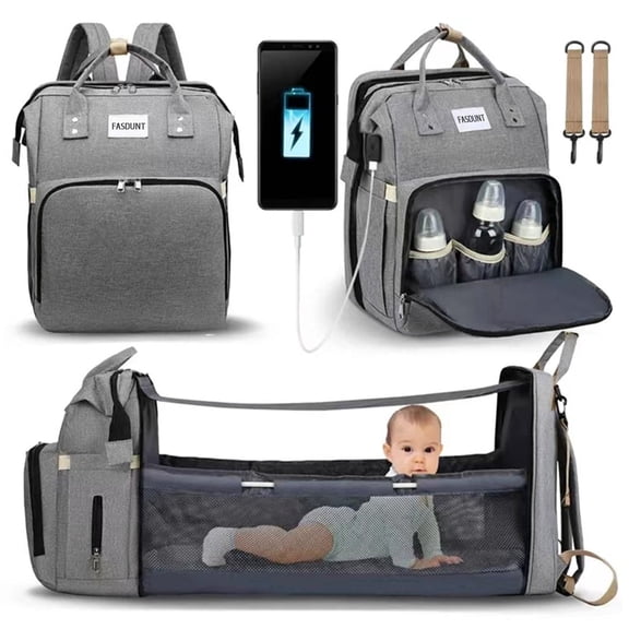 Diaper Bag Backpack with Changing Station, Baby Diaper Bag Backpack with Portable Crib, Large Capacity Diaper Backpack with Insulated Bottle Pockets & Stroller Straps for Mom Dad, Gray