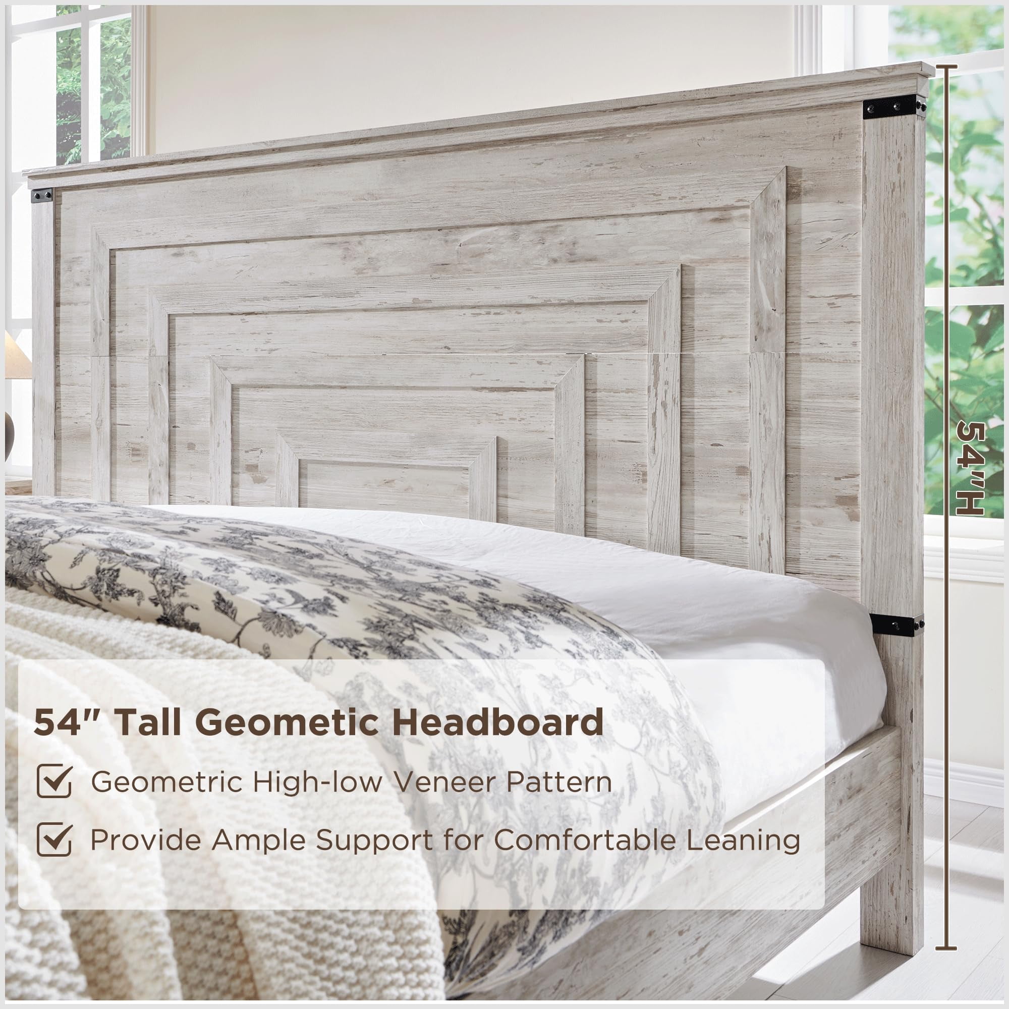 OKD Queen Size Bed Frame W/ 54" Tall Geometric Headboard, Farmhouse Wood Platform Bed W/ 2 Large Storage Drawers, No Box Spring Needed, Antique Brush White