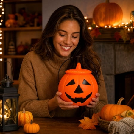 Halloween Pumpkin Bucket with Candy Pail Portable Pumpkin Basket for Trick or Treat Party Supplies Home Table Mantel Office Classroom and Spooky Home Decor A