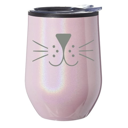 

Stemless Wine Tumbler Coffee Travel Mug Glass With Lid Gift Cat Face Whiskers (Pink Glitter)