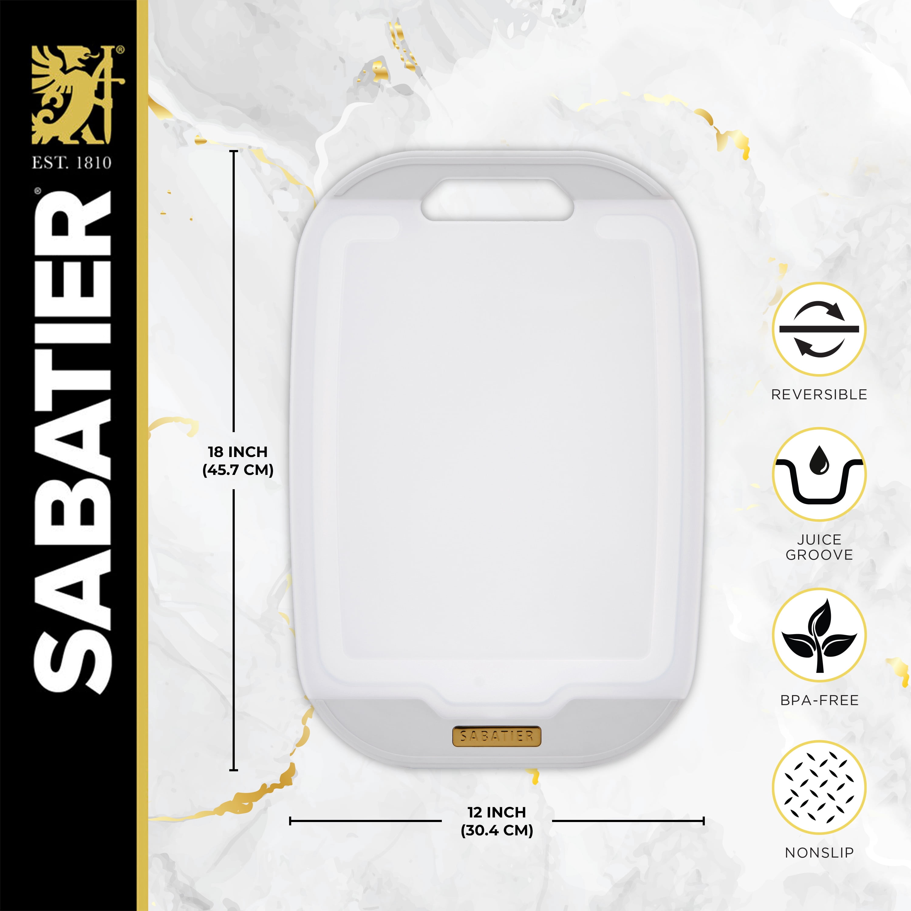 Sabatier Poly Cutting Board with Non Slip Edges, 12 inch x 18 inch, White
