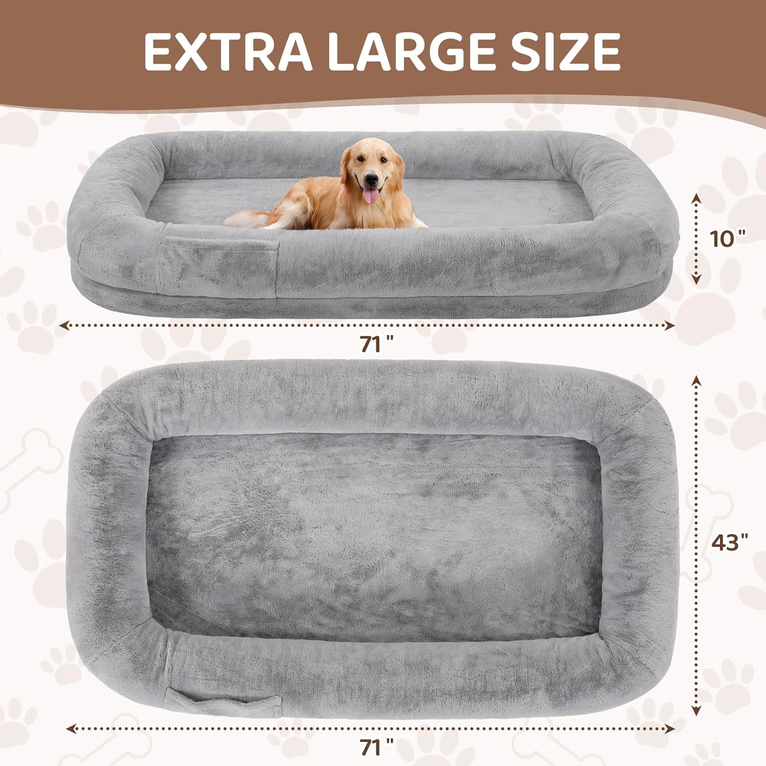 Large Human Dog Bed for Adults, 71"x43"x10" Cozy Human Sized Pet Bed, Orthopedic & Washable Cover, Non-Slip Comfortable Lounger for People and Pets, Light Grey