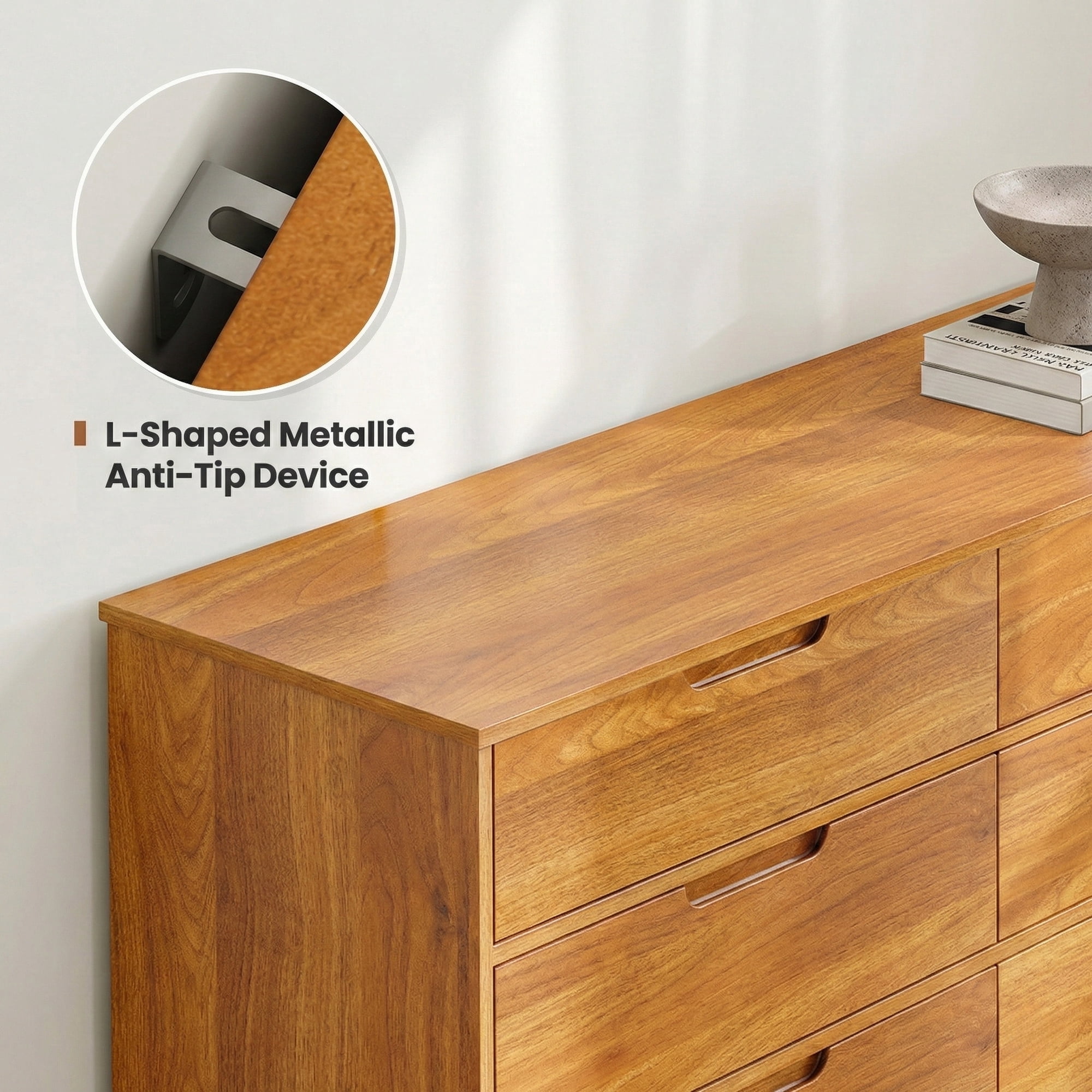 47" Wide 6 Drawer Dresser, Mid-Century Modern Double Dresser with Walnut Finish, Large Horizontal Chest of Drawers for Bedroom, Wood Storage Cabinet, Caramel