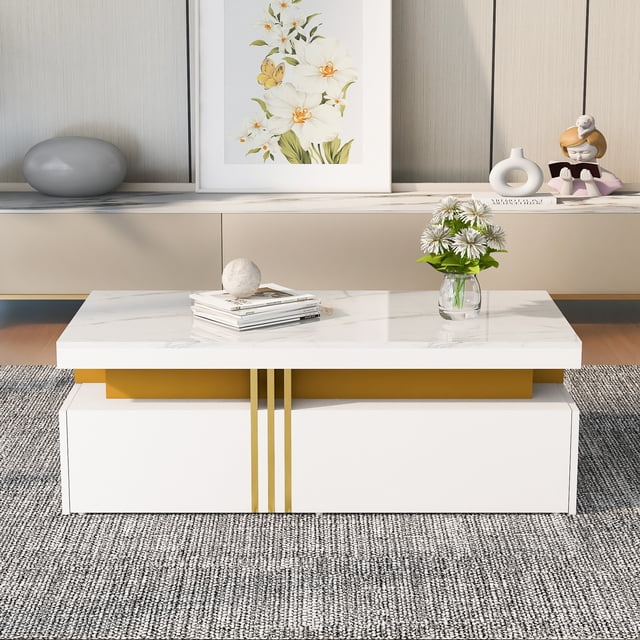 Noble House Modern Coffee Table,Marble Pattern High-Gloss Top,White