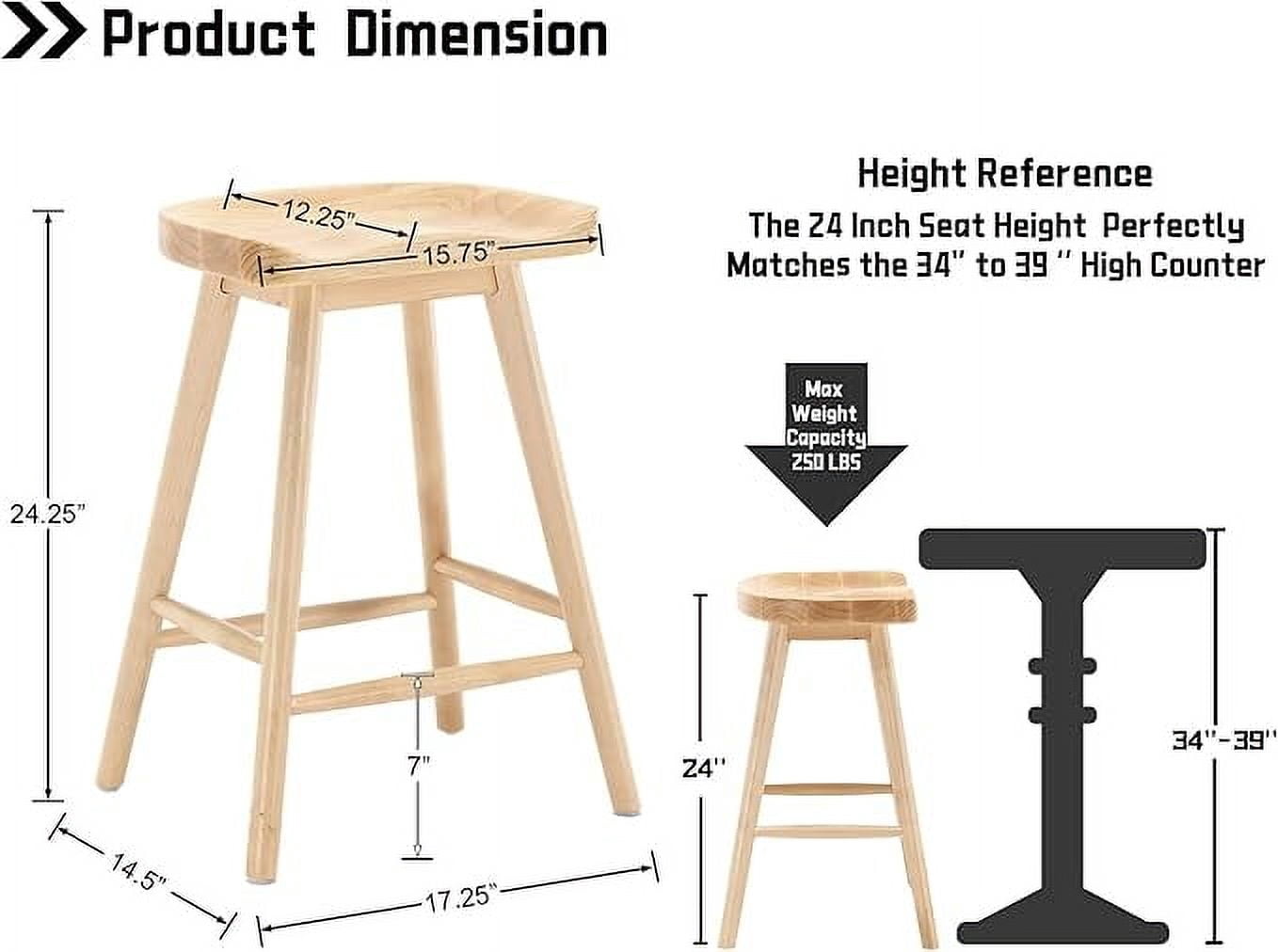 Guyou Backless Counter Stools Set of 2, 24 Inch Rustic Farmhouse Wooden Saddle Stools, Bar Stools for Kitchen Island Bar Bistro, Natural